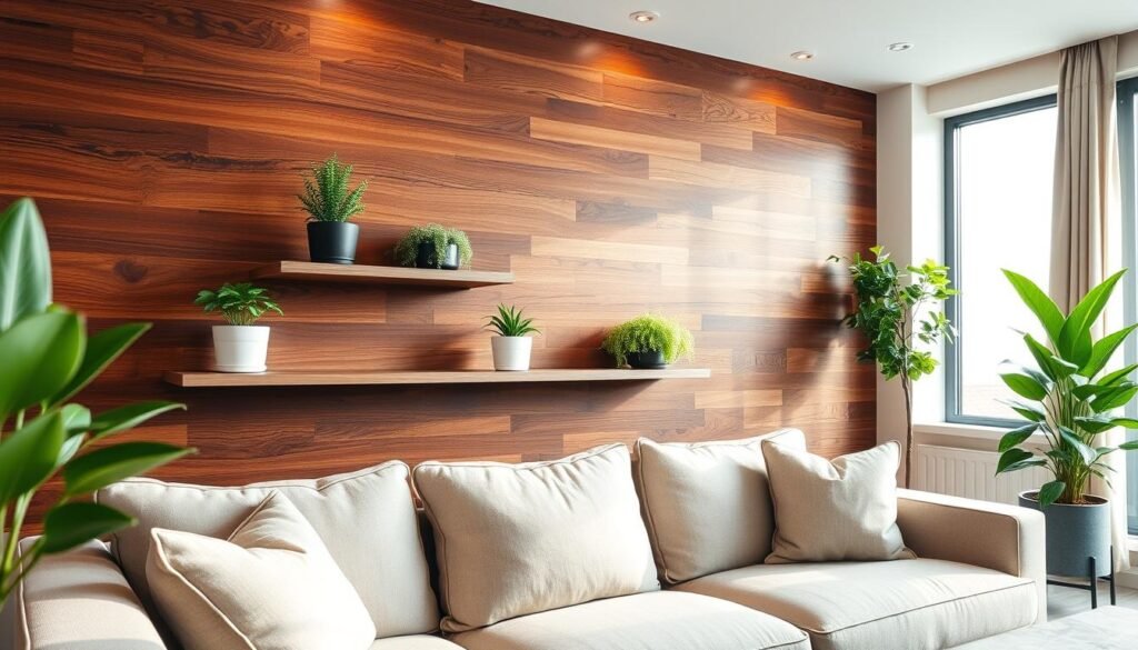 A beautifully designed interior featuring a wood accent wall made from rich, warm tones of walnut and cedar. In the foreground, a cozy living space with a plush neutral couch adorned with decorative pillows. The middle ground showcases the striking wood accent wall, intricately detailed with natural grains and patterns. Potted green plants, such as ferns and succulents, are strategically placed on stylish shelves, adding a touch of nature. In the background, a window lets in bright, soft sunlight, creating an airy atmosphere. The lighting emphasizes the textures of the wood and plants, with shadows adding depth. The overall mood is warm, inviting, and serene, perfect for a modern home. A beautifully designed interior featuring a wood accent wall made from rich, warm tones of walnut and cedar. In the foreground, a cozy living space with a plush neutral couch adorned with decorative pillows. The middle ground showcases the striking wood accent wall, intricately detailed with natural grains and patterns. Potted green plants, such as ferns and succulents, are strategically placed on stylish shelves, adding a touch of nature. In the background, a window lets in bright, soft sunlight, creating an airy atmosphere. The lighting emphasizes the textures of the wood and plants, with shadows adding depth. The overall mood is warm, inviting, and serene, perfect for a modern home.