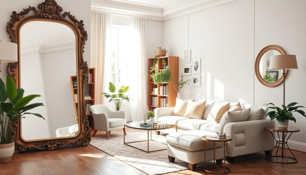A beautifully designed living room featuring strategically placed mirrors for optimal light distribution. In the foreground, a large, ornate mirror reflects soft sunlight streaming through a nearby window, illuminating the space. The middle ground consists of elegant furniture in light, airy tones, complemented by a cozy area rug. A bookshelf filled with books and decorative items adds personality to the scene. In the background, greenery from potted plants enhances the freshness, while sheer curtains flutter slightly, allowing gentle light to filter in. The overall atmosphere is warm and inviting, embodying a sense of comfort and tranquility. The composition should capture the interplay of light and reflection, showcasing an interior space that feels bright and open.
