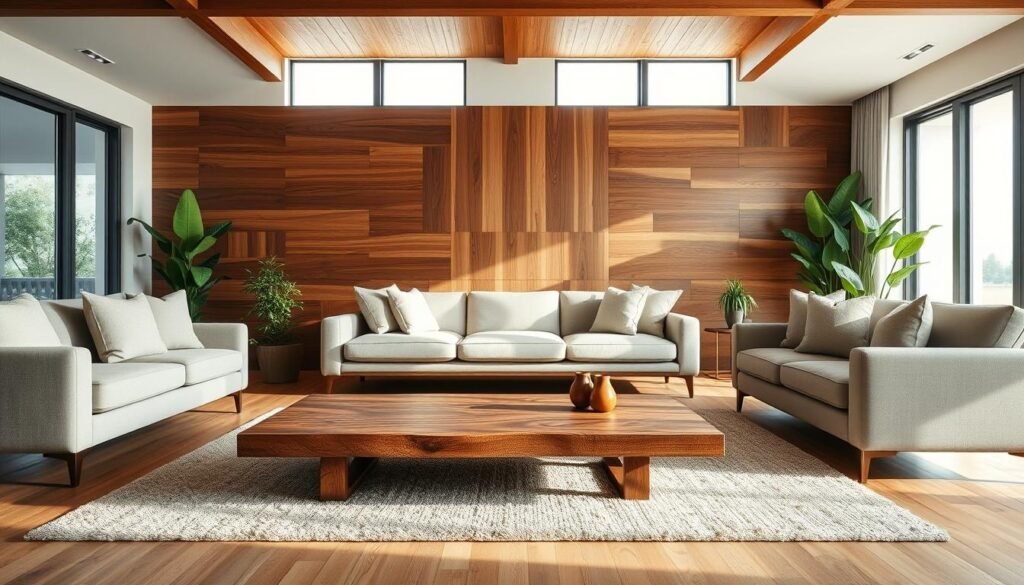 A beautifully designed living room featuring sustainable wood species, showcasing a warm, inviting atmosphere. In the foreground, a sleek coffee table made of reclaimed oak sits atop a soft area rug, surrounded by comfortable, eco-friendly sofas adorned with neutral-toned cushions. The middle ground features a striking accent wall crafted from sustainably sourced teak wood, enhancing the room's natural elegance. Large windows in the background let in bright, soft sunlight, illuminating the space and highlighting the rich textures of the wood. The room is decorated with indoor plants, reinforcing an eco-conscious vibe. Shoot from a slightly elevated angle to capture the depth and layers of the design, emphasizing the harmony between sustainability and style. The mood is serene and sophisticated, perfect for a timeless living room.