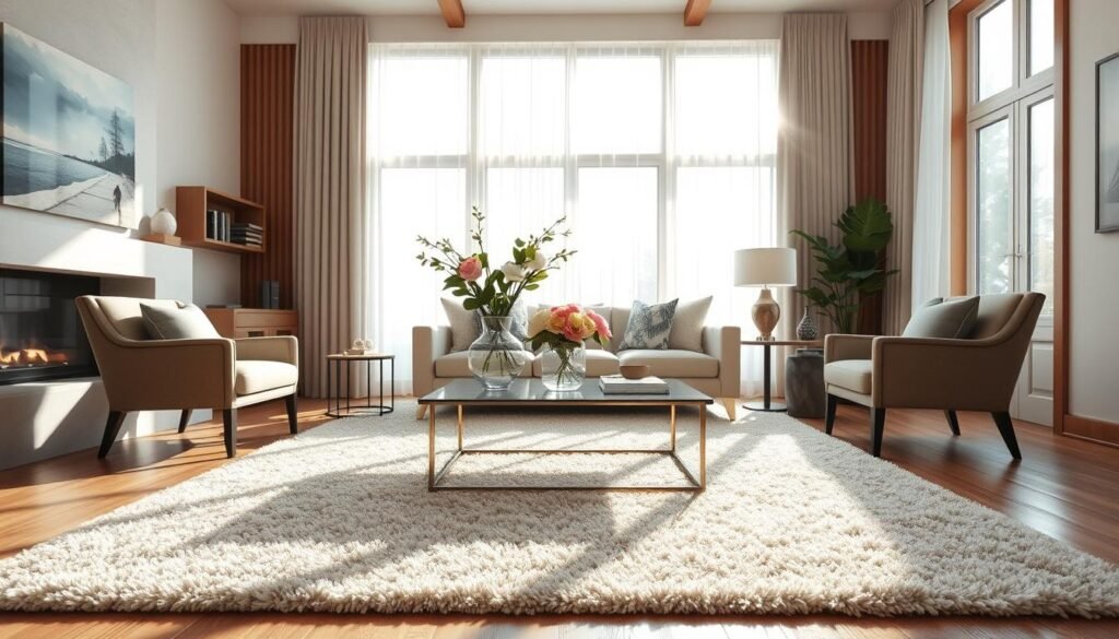 A beautifully designed living room focused on a striking focal point, such as a modern fireplace or an oversized piece of art. In the foreground, a plush area rug anchors the space, while an elegant coffee table is adorned with a carefully arranged vase of fresh flowers. In the middle, a cozy, contemporary sofa invites relaxation, flanked by stylish accent chairs. At the back, large windows let in bright, natural light, creating a warm and inviting ambiance. The room features light-colored walls and wooden accents, enhancing the airy feel. Soft sunlight filters through sheer curtains, casting gentle shadows. The angle is from a slight diagonal, emphasizing the layout's balance and harmony, showcasing a serene mood that feels effortlessly organized and appealing. A beautifully designed living room focused on a striking focal point, such as a modern fireplace or an oversized piece of art. In the foreground, a plush area rug anchors the space, while an elegant coffee table is adorned with a carefully arranged vase of fresh flowers. In the middle, a cozy, contemporary sofa invites relaxation, flanked by stylish accent chairs. At the back, large windows let in bright, natural light, creating a warm and inviting ambiance. The room features light-colored walls and wooden accents, enhancing the airy feel. Soft sunlight filters through sheer curtains, casting gentle shadows. The angle is from a slight diagonal, emphasizing the layout's balance and harmony, showcasing a serene mood that feels effortlessly organized and appealing.