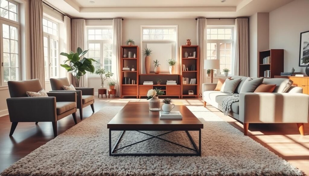 A beautifully designed living room showcasing a balanced scale and proportion in its layout. In the foreground, a stylish coffee table sits centrally on a plush area rug, surrounded by well-proportioned seating: a pair of elegant armchairs and a large, inviting sofa. The middle of the room features a tasteful arrangement of decor items such as potted plants and bookshelves that enhance the sense of harmony. Natural light streams through expansive windows, casting soft shadows and creating a cheerful, airy atmosphere. In the background, neutral-colored walls complement the warm wooden accents of the furniture. The overall mood is one of tranquility and sophistication, inviting relaxation. The perspective is shot at eye level, capturing the inviting layout in a realistic home décor setting. A beautifully designed living room showcasing a balanced scale and proportion in its layout. In the foreground, a stylish coffee table sits centrally on a plush area rug, surrounded by well-proportioned seating: a pair of elegant armchairs and a large, inviting sofa. The middle of the room features a tasteful arrangement of decor items such as potted plants and bookshelves that enhance the sense of harmony. Natural light streams through expansive windows, casting soft shadows and creating a cheerful, airy atmosphere. In the background, neutral-colored walls complement the warm wooden accents of the furniture. The overall mood is one of tranquility and sophistication, inviting relaxation. The perspective is shot at eye level, capturing the inviting layout in a realistic home décor setting.