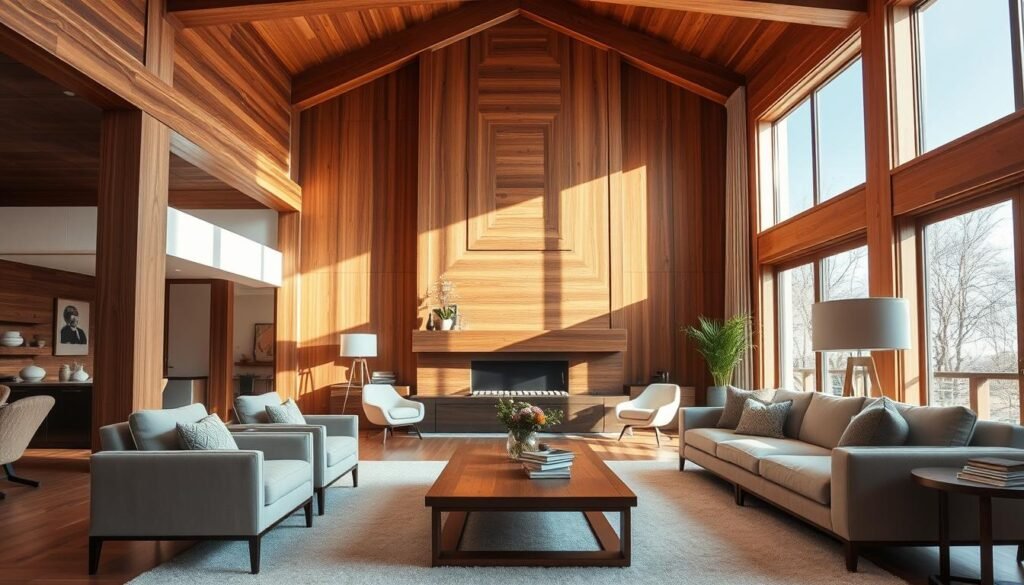 A beautifully designed living room showcasing architectural wood features that add character and warmth. In the foreground, a cozy seating area with plush chairs and a stylish wooden coffee table. The middle layer presents a feature wall with elegant wooden paneling and finely crafted beams that draw the eye upward, enhancing the room's height and sophistication. On the back wall, large, airy windows allow soft natural light to filter in, casting gentle shadows and highlighting the rich textures of the wood. Light-colored rugs and earth-toned accents complement the wooden elements, creating an inviting atmosphere. The overall mood is warm, inviting, and refined, reflecting a harmonious blend of modern design and natural materials. Shot with a wide-angle lens to capture the entire room, under bright, diffused sunlight for a fresh and airy feel.