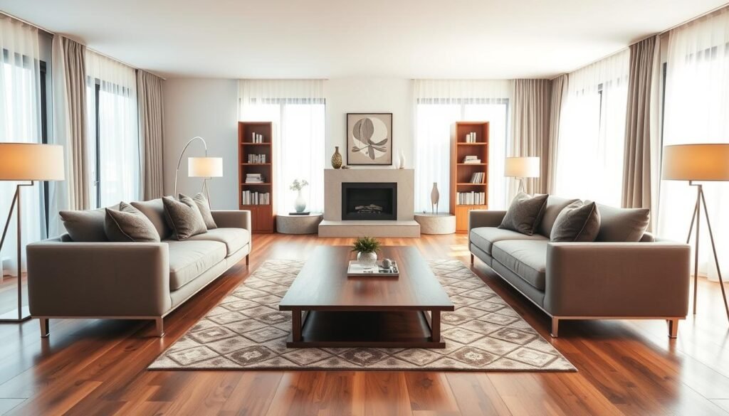 A beautifully designed living room showcasing symmetry in its layout. In the foreground, a plush, matching sofa set with elegant throw pillows sits opposite a sleek wooden coffee table. On either side, identical floor lamps cast soft, warm light. In the middle ground, a perfectly arranged area rug anchors the space, surrounded by balanced decorative elements like two identical bookshelves flanking a modern fireplace. The background features large windows adorned with sheer curtains, allowing bright natural light to fill the room, enhancing the airy atmosphere. The overall mood is calm and inviting, reflecting the concept of visual balance in contemporary home décor. Ideal for an article discussion on living room layout. A beautifully designed living room showcasing symmetry in its layout. In the foreground, a plush, matching sofa set with elegant throw pillows sits opposite a sleek wooden coffee table. On either side, identical floor lamps cast soft, warm light. In the middle ground, a perfectly arranged area rug anchors the space, surrounded by balanced decorative elements like two identical bookshelves flanking a modern fireplace. The background features large windows adorned with sheer curtains, allowing bright natural light to fill the room, enhancing the airy atmosphere. The overall mood is calm and inviting, reflecting the concept of visual balance in contemporary home décor. Ideal for an article discussion on living room layout.