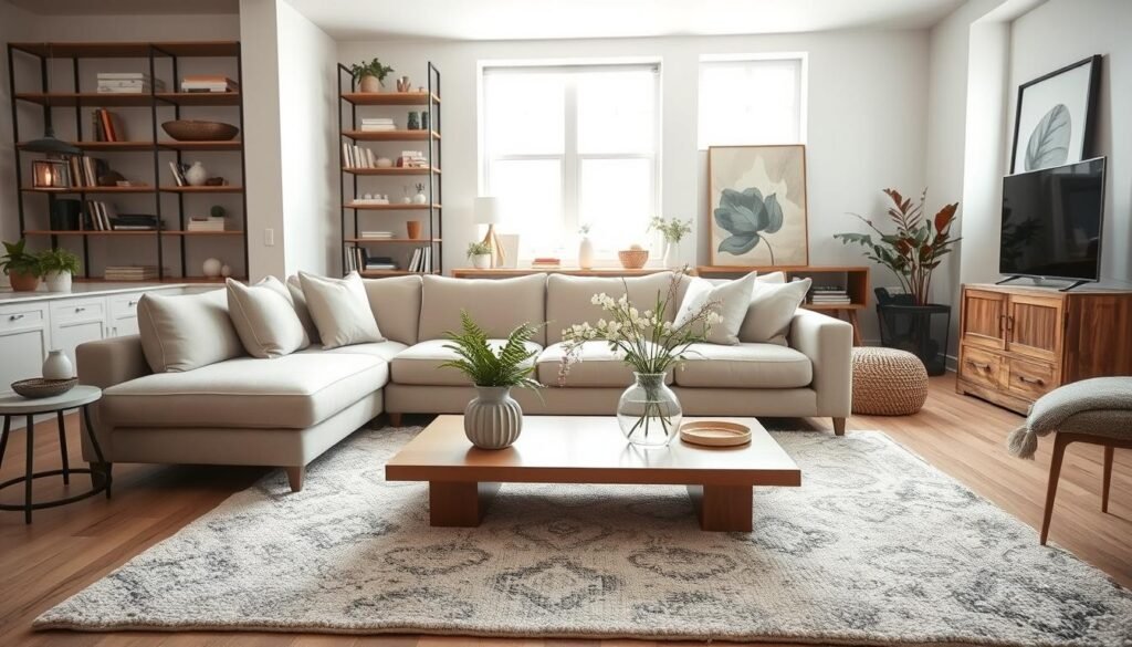 A beautifully designed living room that showcases cohesive decor, featuring a harmonious blend of modern and rustic elements. In the foreground, a soft, textured area rug anchors a comfortable sectional sofa adorned with neutral-colored cushions. A stylish coffee table rests in front, embellished with a tasteful vase of fresh flowers. The middle section reveals a well-organized bookshelf filled with curated accessories and books, seamlessly integrated with wall art that complements the overall color scheme. In the background, large windows allow bright natural light to filter in, enhancing the airy atmosphere with soft sunlight. The scene is shot from a slightly angled perspective to capture depth, evoking a serene and inviting mood, ideal for reflection on balance and design cohesion in living spaces. A beautifully designed living room that showcases cohesive decor, featuring a harmonious blend of modern and rustic elements. In the foreground, a soft, textured area rug anchors a comfortable sectional sofa adorned with neutral-colored cushions. A stylish coffee table rests in front, embellished with a tasteful vase of fresh flowers. The middle section reveals a well-organized bookshelf filled with curated accessories and books, seamlessly integrated with wall art that complements the overall color scheme. In the background, large windows allow bright natural light to filter in, enhancing the airy atmosphere with soft sunlight. The scene is shot from a slightly angled perspective to capture depth, evoking a serene and inviting mood, ideal for reflection on balance and design cohesion in living spaces.