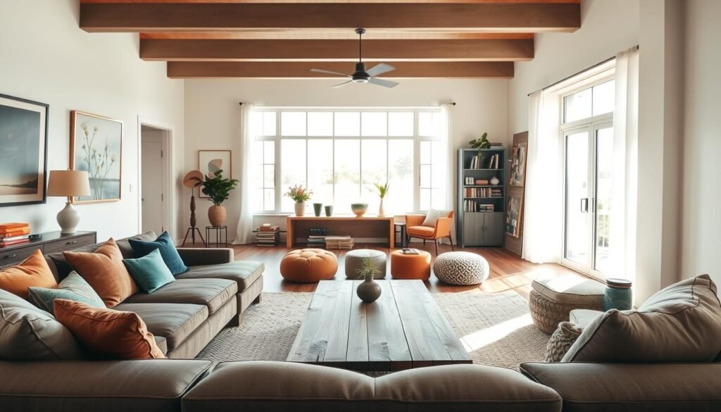 A beautifully designed living room that showcases flexibility and adaptability. In the foreground, a stylish modular sofa arranged with colorful throw pillows, inviting and comfortable. The middle area features a sleek coffee table made of reclaimed wood, surrounded by versatile seating options like ottomans and poufs. In the background, large windows let in bright, soft sunlight, illuminating the room and casting gentle shadows. Tasteful artwork adorns the walls, and a cozy reading nook with a well-placed bookshelf adds a sense of warmth. The overall mood is airy and fresh, reflecting a balance of elegance and comfort, designed for a lifestyle that embraces change and spontaneity. Use a wide-angle lens to capture the spaciousness, with a soft focus that enhances the inviting atmosphere. A beautifully designed living room that showcases flexibility and adaptability. In the foreground, a stylish modular sofa arranged with colorful throw pillows, inviting and comfortable. The middle area features a sleek coffee table made of reclaimed wood, surrounded by versatile seating options like ottomans and poufs. In the background, large windows let in bright, soft sunlight, illuminating the room and casting gentle shadows. Tasteful artwork adorns the walls, and a cozy reading nook with a well-placed bookshelf adds a sense of warmth. The overall mood is airy and fresh, reflecting a balance of elegance and comfort, designed for a lifestyle that embraces change and spontaneity. Use a wide-angle lens to capture the spaciousness, with a soft focus that enhances the inviting atmosphere.