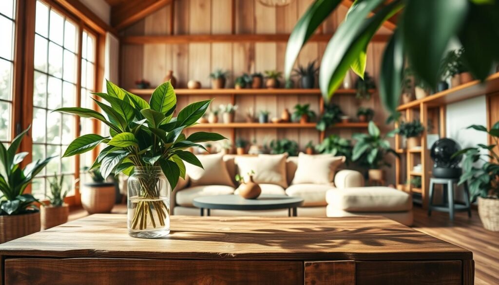 A beautifully designed living room that showcases the harmonious integration of natural elements in home design. In the foreground, a rustic wooden coffee table with a minimalist vase holding lush green indoor plants, casting soft shadows. The middle ground features an inviting sofa adorned with earth-toned cushions, surrounded by wooden shelves displaying a variety of potted plants. The background reveals large windows that fill the space with bright, natural light, highlighting the warm wooden beams and walls. The atmosphere is tranquil and airy, capturing the essence of comfort and sustainability. The scene is captured from a slightly elevated angle using a wide-angle lens, showcasing the entire decor while maintaining a cozy ambiance with soft sunlight filtering through the leaves. A beautifully designed living room that showcases the harmonious integration of natural elements in home design. In the foreground, a rustic wooden coffee table with a minimalist vase holding lush green indoor plants, casting soft shadows. The middle ground features an inviting sofa adorned with earth-toned cushions, surrounded by wooden shelves displaying a variety of potted plants. The background reveals large windows that fill the space with bright, natural light, highlighting the warm wooden beams and walls. The atmosphere is tranquil and airy, capturing the essence of comfort and sustainability. The scene is captured from a slightly elevated angle using a wide-angle lens, showcasing the entire decor while maintaining a cozy ambiance with soft sunlight filtering through the leaves.