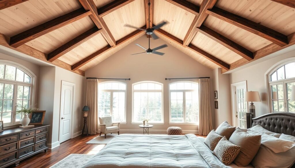 A beautifully designed master bedroom featuring a stunning vaulted ceiling, adorned with exposed wooden beams that add warmth and character. The room is spacious and airy, bathed in soft, natural light streaming through large, elegant windows. In the foreground, a plush, inviting bed with neutral-toned linens and decorative pillows creates a focal point of comfort. The middle ground showcases tasteful decor, including a cozy reading nook with a stylish armchair and a small side table, while a soft rug anchors the space. In the background, a tranquil view of serene greenery outside enhances the restful atmosphere. The overall mood is peaceful and calming, perfect for relaxation from morning to night. Capture this scene with a wide-angle lens to emphasize the height of the ceiling and the inviting ambiance.