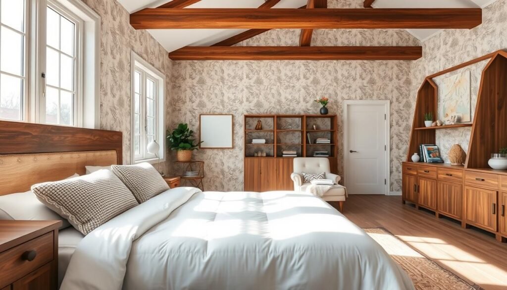 A beautifully designed modern farmhouse bedroom, showcasing a blend of rustic charm and contemporary style. In the foreground, a plush king-sized bed with a cozy white duvet and layered textured pillows invites relaxation. A wooden nightstand holds a modern lamp and a small potted plant. The middle ground features an accent wall with exposed wooden beams and soft, neutral-toned wallpaper that adds warmth. Large windows allow bright, natural light to flood the room, creating a serene atmosphere. A comfy reading nook with a vintage armchair sits in one corner, adding an inviting touch. In the background, simple wooden shelves display curated home décor. The overall mood is warm and welcoming, with soft sunlight enhancing the airy feel of the space.