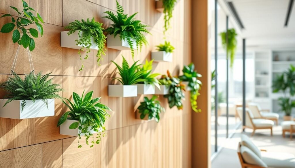 A beautifully designed modern wooden wall, featuring an array of lush, healthy green plants arranged in a balanced manner. In the foreground, sleek wall-mounted plant holders showcase various types of foliage, including ferns and succulents, creating an inviting look. The middle ground reveals textured wooden panels, their warm tones contrasting with the vibrant greens, bathed in bright natural light that filters through large windows, casting soft shadows. In the background, a subtle hint of airy indoor space with minimalistic furniture can be seen, enhancing the calm atmosphere. Capture this scene with a wide-angle lens to emphasize the verticality of the plants and the wall, portraying a serene yet engaging aesthetic that feels harmonious and easy to live with.