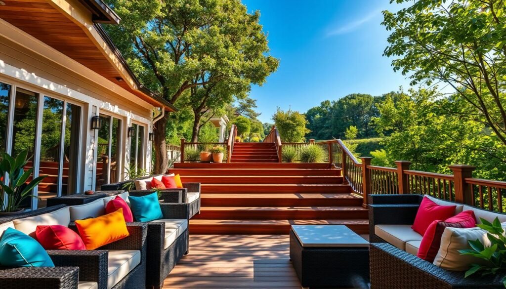 A beautifully designed multi-level deck seating area ideal for large gatherings. In the foreground, a cozy arrangement of soft upholstered outdoor sofas and armchairs features vibrant cushions, inviting guests to relax. The middle ground showcases a series of wooden steps that connect different levels of the deck, each adorned with potted plants and ambient lighting. In the background, lush greenery of a well-maintained garden is visible, complemented by a clear blue sky. The scene is illuminated by bright, natural light filtering through the trees, creating soft shadows and a warm atmosphere. The angle captures the depth and elevation of the deck, emphasizing a welcoming and comfortable space perfect for socializing. A beautifully designed multi-level deck seating area ideal for large gatherings. In the foreground, a cozy arrangement of soft upholstered outdoor sofas and armchairs features vibrant cushions, inviting guests to relax. The middle ground showcases a series of wooden steps that connect different levels of the deck, each adorned with potted plants and ambient lighting. In the background, lush greenery of a well-maintained garden is visible, complemented by a clear blue sky. The scene is illuminated by bright, natural light filtering through the trees, creating soft shadows and a warm atmosphere. The angle captures the depth and elevation of the deck, emphasizing a welcoming and comfortable space perfect for socializing.