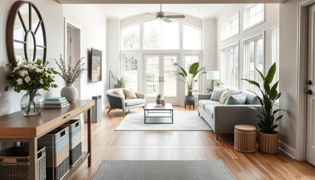 A beautifully designed open concept entryway leading into a cozy living room. In the foreground, a stylish console table with fresh flowers and decorative storage baskets. The middle ground showcases a seamless flow into the living room, featuring a chic sofa, accent pillows, and a coffee table, all arranged to create an inviting atmosphere. In the background, large windows allow soft, natural light to fill the space, enhancing the airy feel. The overall decor includes light wood tones and neutral colors with pops of greenery from indoor plants. The scene captures a tranquil and welcoming mood, emphasizing functionality while minimizing clutter. Use bright, diffused lighting to highlight the inviting nature of the space, captured from a slightly elevated angle to showcase the layout effectively. A beautifully designed open concept entryway leading into a cozy living room. In the foreground, a stylish console table with fresh flowers and decorative storage baskets. The middle ground showcases a seamless flow into the living room, featuring a chic sofa, accent pillows, and a coffee table, all arranged to create an inviting atmosphere. In the background, large windows allow soft, natural light to fill the space, enhancing the airy feel. The overall decor includes light wood tones and neutral colors with pops of greenery from indoor plants. The scene captures a tranquil and welcoming mood, emphasizing functionality while minimizing clutter. Use bright, diffused lighting to highlight the inviting nature of the space, captured from a slightly elevated angle to showcase the layout effectively.