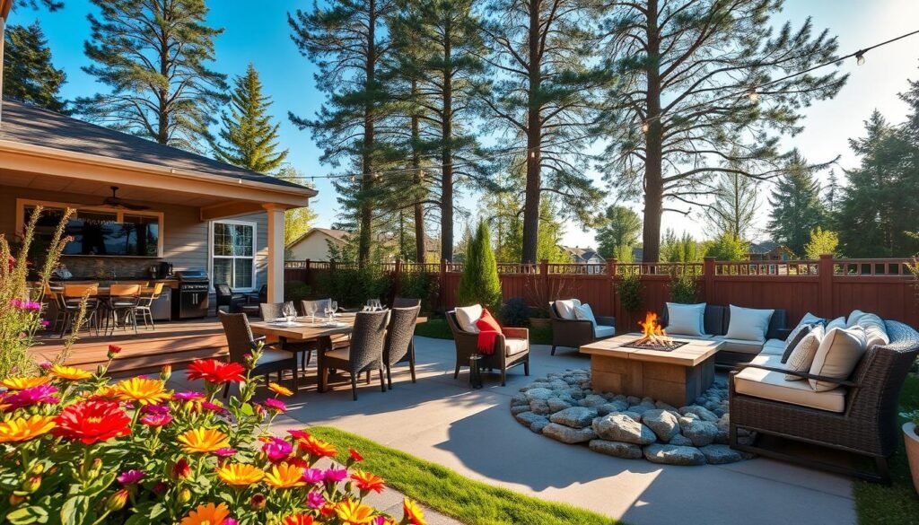 A beautifully designed outdoor entertainment area featuring a cozy patio deck with comfortable seating, a stylish outdoor dining table set for a meal, and an area with a fire pit surrounded by decorative stones. In the foreground, a lush garden with vibrant flowers adds color and life, while in the middle ground, the patio area is enhanced by warm string lights overhead and soft cushions on the furniture, creating an inviting atmosphere. The background showcases tall trees and a blue sky, with gentle sunlight filtering through the leaves, casting dappled shadows on the ground. The scene captures a relaxed and joyful mood, ideal for gatherings and outdoor fun. Shot with a wide-angle lens to encompass the full vibrancy of the space, highlighting its inviting ambiance. A beautifully designed outdoor entertainment area featuring a cozy patio deck with comfortable seating, a stylish outdoor dining table set for a meal, and an area with a fire pit surrounded by decorative stones. In the foreground, a lush garden with vibrant flowers adds color and life, while in the middle ground, the patio area is enhanced by warm string lights overhead and soft cushions on the furniture, creating an inviting atmosphere. The background showcases tall trees and a blue sky, with gentle sunlight filtering through the leaves, casting dappled shadows on the ground. The scene captures a relaxed and joyful mood, ideal for gatherings and outdoor fun. Shot with a wide-angle lens to encompass the full vibrancy of the space, highlighting its inviting ambiance.
