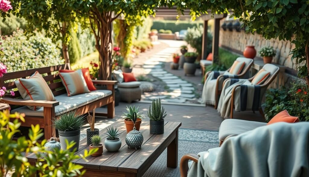 A beautifully designed outdoor garden seating area, featuring a stylish wooden bench adorned with vibrant cushions, surrounded by lush greenery and blooming flowers. In the foreground, include a rustic wooden coffee table set with decorative potted plants and a few artfully arranged garden tools. The middle layer showcases additional seating options like elegant wicker chairs draped with soft blankets, invitingly placed under a shaded arbor. In the background, glimpse a tranquil path lined with stones leading to more garden features. Capture the scene in bright, natural light with soft sunlight filtering through the leaves, creating dappled shadows, evoking a serene and welcoming atmosphere perfect for relaxation. Use a slightly elevated angle to provide depth and focus on the cozy seating arrangements. A beautifully designed outdoor garden seating area, featuring a stylish wooden bench adorned with vibrant cushions, surrounded by lush greenery and blooming flowers. In the foreground, include a rustic wooden coffee table set with decorative potted plants and a few artfully arranged garden tools. The middle layer showcases additional seating options like elegant wicker chairs draped with soft blankets, invitingly placed under a shaded arbor. In the background, glimpse a tranquil path lined with stones leading to more garden features. Capture the scene in bright, natural light with soft sunlight filtering through the leaves, creating dappled shadows, evoking a serene and welcoming atmosphere perfect for relaxation. Use a slightly elevated angle to provide depth and focus on the cozy seating arrangements.