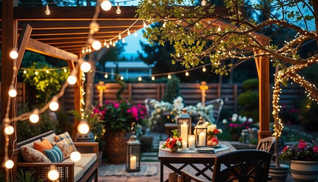 A beautifully designed outdoor garden space at dusk, filled with a variety of decorative lights that illuminate the scene gently. In the foreground, delicate string lights drape across a rustic wooden gazebo, casting soft glows on a cozy seating area adorned with colorful cushions. In the middle, a patio table is elegantly set up with lanterns, flickering candles, and floral arrangements, creating an inviting ambiance. The background features lush greenery, flowering plants, and twinkling fairy lights wrapped around tree branches, enhancing the serene atmosphere. The image captures bright natural light fading into soft evening hues, conveying a warm, inviting, and tranquil mood. Shot with a shallow depth of field for a cozy, intimate focus. A beautifully designed outdoor garden space at dusk, filled with a variety of decorative lights that illuminate the scene gently. In the foreground, delicate string lights drape across a rustic wooden gazebo, casting soft glows on a cozy seating area adorned with colorful cushions. In the middle, a patio table is elegantly set up with lanterns, flickering candles, and floral arrangements, creating an inviting ambiance. The background features lush greenery, flowering plants, and twinkling fairy lights wrapped around tree branches, enhancing the serene atmosphere. The image captures bright natural light fading into soft evening hues, conveying a warm, inviting, and tranquil mood. Shot with a shallow depth of field for a cozy, intimate focus.