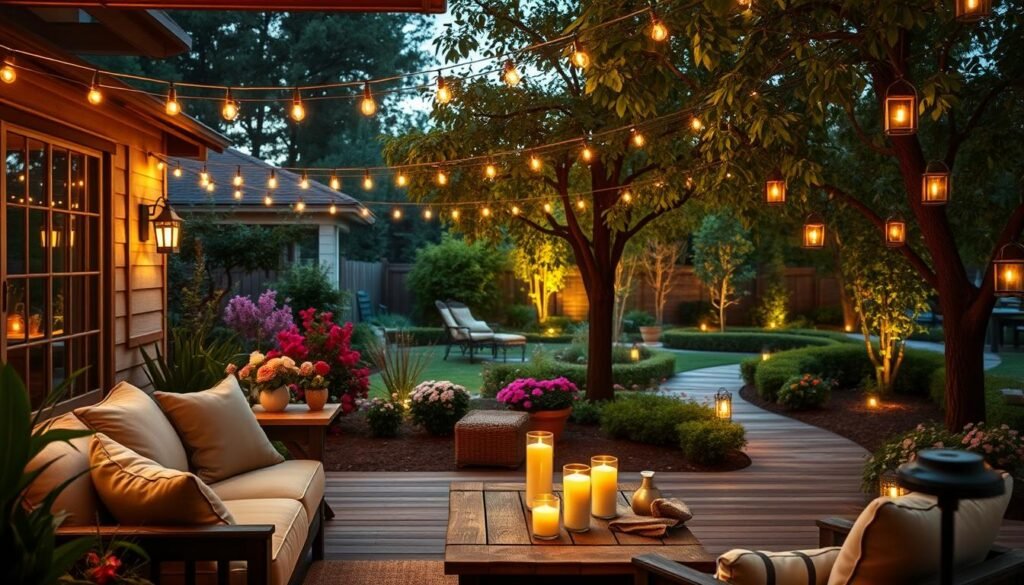 A beautifully designed outdoor living area at dusk, featuring elegant string lights draped across a wooden patio, casting a warm, inviting glow. In the foreground, a cozy seating arrangement with plush cushions and a rustic coffee table adorned with candles. The middle ground showcases lush greenery and blooming flowers, with strategically placed solar lights illuminating the garden path. The background reveals a serene setting with scattered lanterns hanging from trees, creating a whimsical atmosphere. Soft sunlight filters through the leaves, enhancing the magical twilight ambiance. Capture the image from a slight angle to highlight depth, ensuring the lighting is soft and atmospheric, evoking a sense of relaxation and comfort in this outdoor oasis.