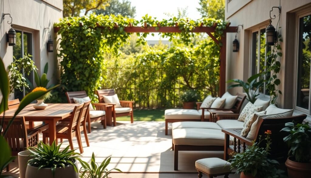A beautifully designed outdoor living space, featuring a cozy, defined area with elegant wooden furniture, including a stylish dining table and comfy lounge chairs. The foreground showcases potted plants and a soft outdoor rug, creating a welcoming atmosphere. In the middle, a trellis adorned with climbing vines provides a natural boundary, enhancing the space's privacy and allure. The background features a lush green garden with soft sunlight filtering through the leaves, casting gentle shadows. The scene is captured from a slightly elevated angle to showcase the layout and design elements. The mood is serene and inviting, perfect for relaxation and enjoyment in a well-lit, airy environment. A beautifully designed outdoor living space, featuring a cozy, defined area with elegant wooden furniture, including a stylish dining table and comfy lounge chairs. The foreground showcases potted plants and a soft outdoor rug, creating a welcoming atmosphere. In the middle, a trellis adorned with climbing vines provides a natural boundary, enhancing the space's privacy and allure. The background features a lush green garden with soft sunlight filtering through the leaves, casting gentle shadows. The scene is captured from a slightly elevated angle to showcase the layout and design elements. The mood is serene and inviting, perfect for relaxation and enjoyment in a well-lit, airy environment.