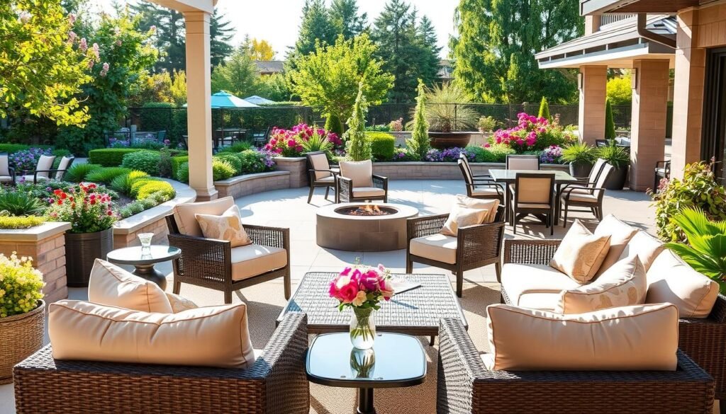 A beautifully designed outdoor seating area, featuring a variety of stylish, comfortable furniture pieces arranged to enhance traffic flow and accessibility. In the foreground, there's a set of plush armchairs with soft, inviting cushions, facing a low coffee table adorned with a vase of fresh flowers. The middle section showcases a spacious dining table with elegant chairs positioned for easy movement, and a cozy lounge area with a fire pit, all under the soft glow of late afternoon sunlight. In the background, a lush garden filled with vibrant greenery and blooming flowers adds depth to the scene. The overall atmosphere is warm and inviting, emphasizing comfort and functionality, with bright natural light illuminating the space, evoking a relaxed yet sophisticated outdoor vibe. A beautifully designed outdoor seating area, featuring a variety of stylish, comfortable furniture pieces arranged to enhance traffic flow and accessibility. In the foreground, there's a set of plush armchairs with soft, inviting cushions, facing a low coffee table adorned with a vase of fresh flowers. The middle section showcases a spacious dining table with elegant chairs positioned for easy movement, and a cozy lounge area with a fire pit, all under the soft glow of late afternoon sunlight. In the background, a lush garden filled with vibrant greenery and blooming flowers adds depth to the scene. The overall atmosphere is warm and inviting, emphasizing comfort and functionality, with bright natural light illuminating the space, evoking a relaxed yet sophisticated outdoor vibe.