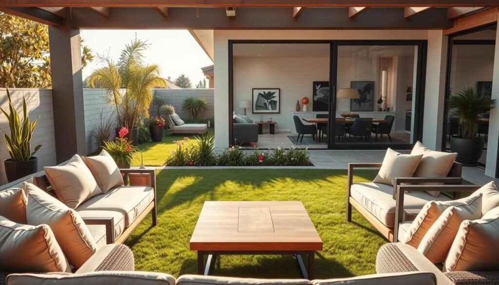 A beautifully designed outdoor space featuring modern and stylish furniture that seamlessly connects with indoor aesthetics. In the foreground, a cozy seating area with plush, weather-resistant cushions in neutral tones surrounds a sleek, wooden coffee table. The middle features a well-manicured lawn with elegant potted plants and vibrant flowers, creating a natural barrier between the outdoor furniture and the house. In the background, large glass sliding doors open to a tastefully decorated living room with contemporary decor visible, emphasizing the indoor-outdoor connection. The scene is bathed in soft, warm sunlight, casting gentle shadows and highlighting textures. The atmosphere is inviting and serene, ideal for relaxing or entertaining guests. The image should be captured with a wide-angle lens to showcase the expansive layout while maintaining a realistic depth of field.