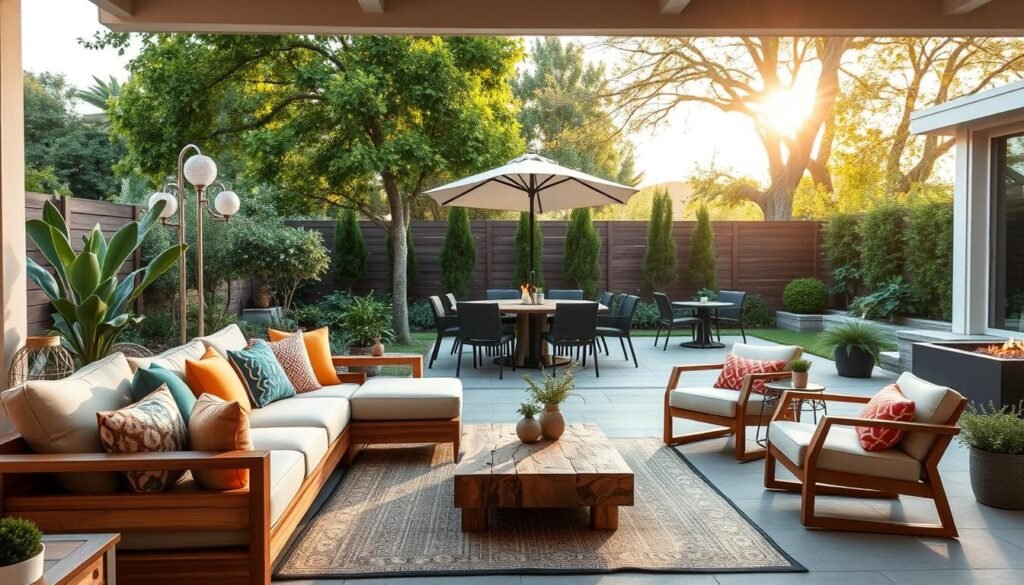 A beautifully designed outdoor space featuring various outdoor furniture ideas that create distinct zones. In the foreground, a cozy seating area with a weather-resistant sectional sofa adorned with colorful cushions, a low coffee table made from reclaimed wood, and a rug that adds warmth. In the middle, a dining area with a sleek table and chairs under a stylish umbrella, surrounded by potted plants and soft outdoor lighting. The background showcases a lush garden and a small fire pit, creating a welcoming ambiance. The scene is bathed in bright natural light and soft sunlight filters through the trees, enhancing the inviting atmosphere. Capture this outdoor room concept from a slightly elevated angle, adding depth and showcasing the flow of these areas as an extension of the home.