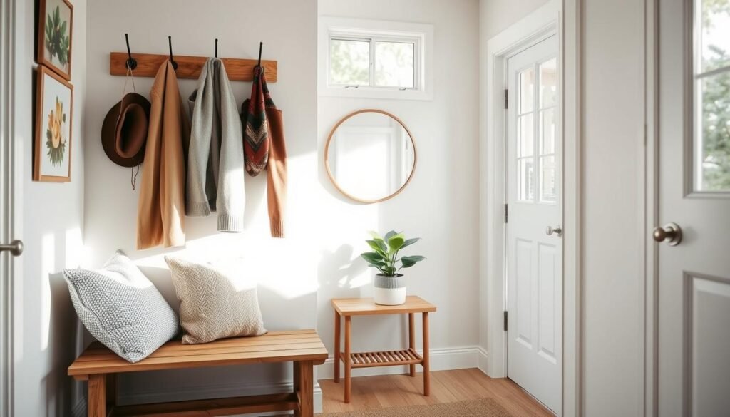 A beautifully designed tiny entryway showcasing practical and stylish small space solutions. In the foreground, include a compact wooden bench with textured cushions, placed against a light wall adorned with hooks holding modest outerwear. The middle features a small, round mirror that reflects natural light, accompanied by a potted plant that adds a touch of greenery. The background should have a soft, airy feel, with well-lit windows allowing bright natural light to flood the space, enhancing the warm wooden tones of the furniture. Aim for a cozy and inviting atmosphere, with soft sunlight illuminating the scene to create a welcoming entryway that feels personal and well-organized, perfect for small living spaces.