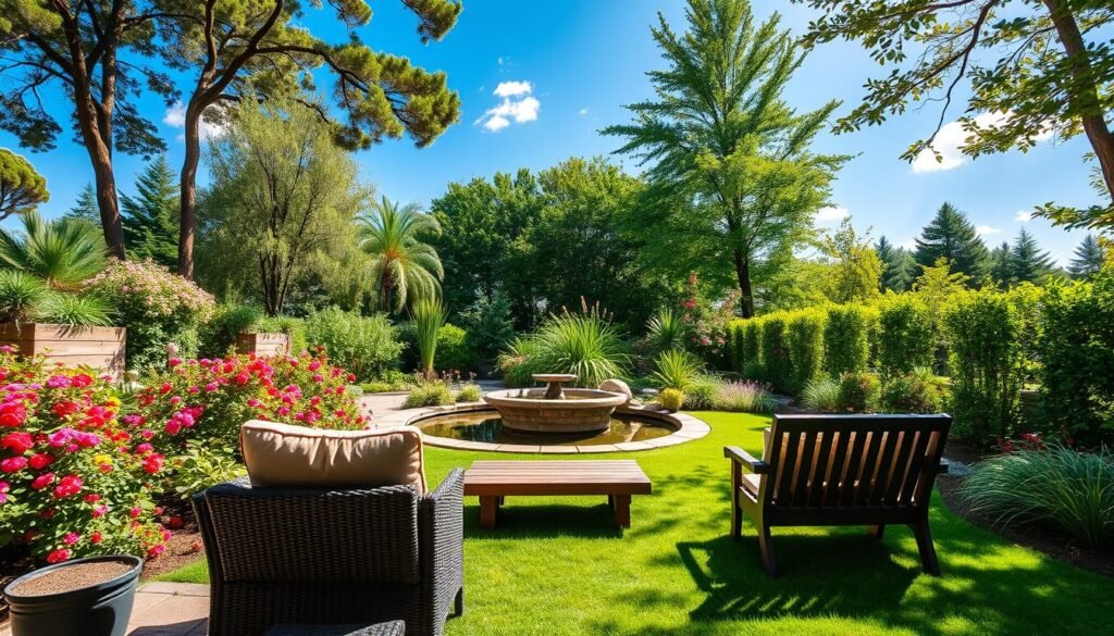 A beautifully landscaped backyard featuring various seating arrangements to illustrate seating direction. In the foreground, a cozy patio set with plush cushions is positioned facing away from a vibrant flower garden, highlighting the importance of seating orientation. In the middle ground, a wooden bench is placed adjacent to a serene pond, creating a tranquil retreat. The background consists of lush greenery with tall trees and blooming plants under a bright blue sky, infused with soft sunlight, creating a warm, inviting atmosphere. The scene is captured with a wide-angle lens, providing a detailed view of the harmonious layout. The overall mood reflects comfort and relaxation, emphasizing the implications of seating direction in outdoor spaces. A beautifully landscaped backyard featuring various seating arrangements to illustrate seating direction. In the foreground, a cozy patio set with plush cushions is positioned facing away from a vibrant flower garden, highlighting the importance of seating orientation. In the middle ground, a wooden bench is placed adjacent to a serene pond, creating a tranquil retreat. The background consists of lush greenery with tall trees and blooming plants under a bright blue sky, infused with soft sunlight, creating a warm, inviting atmosphere. The scene is captured with a wide-angle lens, providing a detailed view of the harmonious layout. The overall mood reflects comfort and relaxation, emphasizing the implications of seating direction in outdoor spaces.
