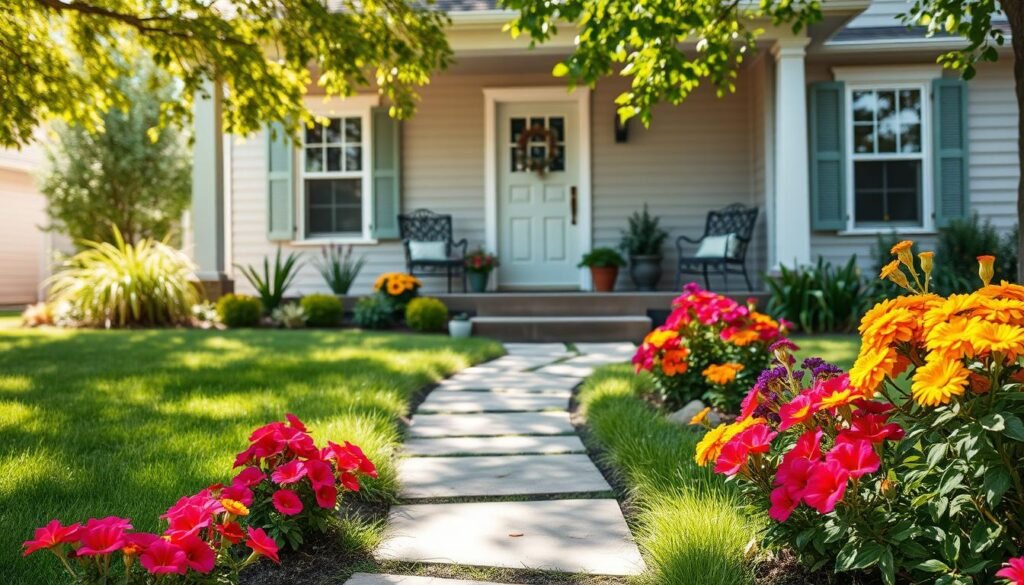 A beautifully landscaped front yard showcasing outdoor curb appeal enhancements. In the foreground, a well-manicured lawn with vibrant flower beds bursting with colorful blooms like petunias and marigolds. In the middle, a charming pathway made of natural stone leads to a welcoming front porch featuring stylish outdoor seating and potted plants. The background reveals a modern, cozy home with freshly painted shutters and a tasteful door, all under bright, natural sunlight filtering through the leaves of nearby trees. The scene is captured from a slightly elevated angle, emphasizing the inviting ambiance and meticulous detail of the surroundings. The overall mood is uplifting, conveying a sense of warmth and a well-loved home.