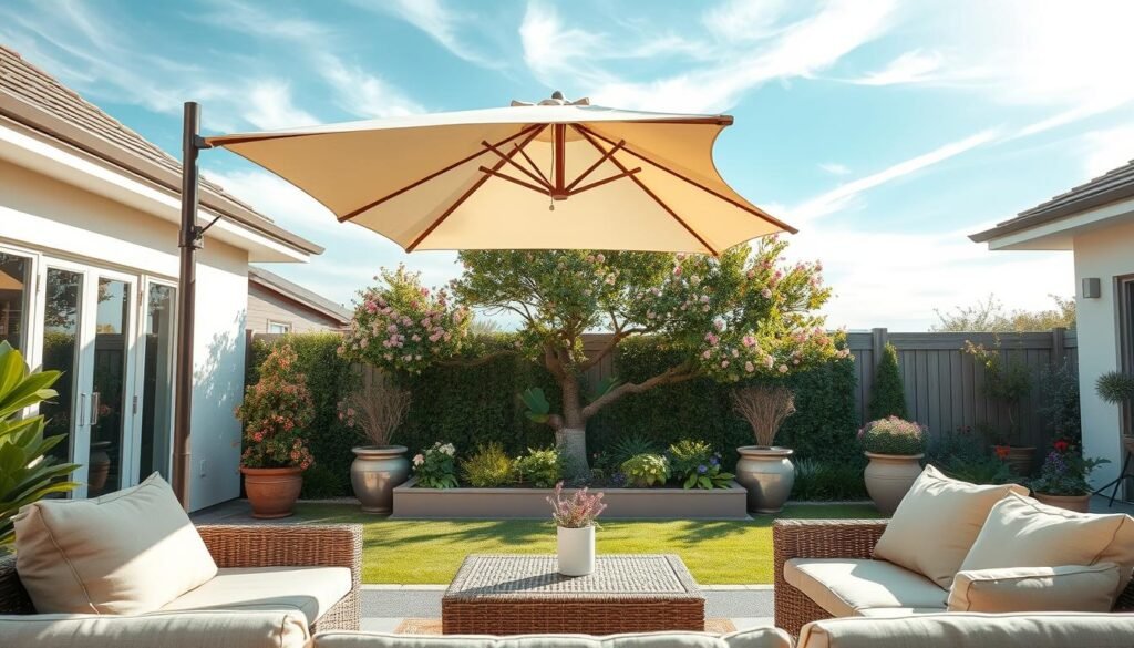 A beautifully optimized outdoor living space set in a bright, airy backyard, showcasing a well-arranged seating area with comfortable furniture made of natural materials. In the foreground, a cozy patio with plush cushions under a large, elegant umbrella. In the middle, a vibrant garden with blooming flowers and small trees providing gentle privacy, complemented by decorative planters. In the background, a soft blue sky with wispy clouds filtering sunlight, illuminating the space. The lighting is warm and inviting, creating a tranquil atmosphere. The angle captures the expanse of the backyard while emphasizing the cozy nook, inviting viewers to imagine their own serene outdoor retreat. A beautifully optimized outdoor living space set in a bright, airy backyard, showcasing a well-arranged seating area with comfortable furniture made of natural materials. In the foreground, a cozy patio with plush cushions under a large, elegant umbrella. In the middle, a vibrant garden with blooming flowers and small trees providing gentle privacy, complemented by decorative planters. In the background, a soft blue sky with wispy clouds filtering sunlight, illuminating the space. The lighting is warm and inviting, creating a tranquil atmosphere. The angle captures the expanse of the backyard while emphasizing the cozy nook, inviting viewers to imagine their own serene outdoor retreat.