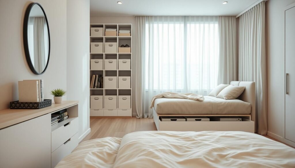 A beautifully organized bedroom featuring innovative smart storage solutions. In the foreground, a chic bedside table with drawers seamlessly blends with the wall, showcasing decorative items like books and a small plant. The middle section reveals a stylish wall-mounted shelving unit filled with neatly arranged boxes, highlighting the importance of decluttering. A multifunctional bed with built-in storage underneath complements the design. In the background, soft natural light filters through sheer curtains, creating a warm and inviting atmosphere. The color palette consists of calming neutrals and light pastels, enhancing the serene vibe. The scene is captured at a slightly elevated angle to emphasize spaciousness and clarity. Overall, the image conveys a tidy, comfortable space that embodies a clutter-free bedroom ideal.