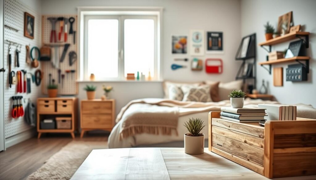 A beautifully organized bedroom scene showcasing various DIY crafts for storage solutions. In the foreground, a handcrafted wooden nightstand with neatly arranged books and a small potted plant. The middle ground features a comfy bed adorned with decorative pillows and a cozy blanket that complements the color palette. To the left, a pegboard wall displays a collection of organized tools and craft materials, emphasizing a creative DIY spirit. The background shows a gently lit window that allows soft, natural light to bathe the room in an airy glow. The overall atmosphere is warm, inviting, and inspiring, perfect for showcasing innovative bedroom and living room organization ideas. A wide-angle lens captures the entire room, emphasizing both functionality and aesthetic appeal. A beautifully organized bedroom scene showcasing various DIY crafts for storage solutions. In the foreground, a handcrafted wooden nightstand with neatly arranged books and a small potted plant. The middle ground features a comfy bed adorned with decorative pillows and a cozy blanket that complements the color palette. To the left, a pegboard wall displays a collection of organized tools and craft materials, emphasizing a creative DIY spirit. The background shows a gently lit window that allows soft, natural light to bathe the room in an airy glow. The overall atmosphere is warm, inviting, and inspiring, perfect for showcasing innovative bedroom and living room organization ideas. A wide-angle lens captures the entire room, emphasizing both functionality and aesthetic appeal.