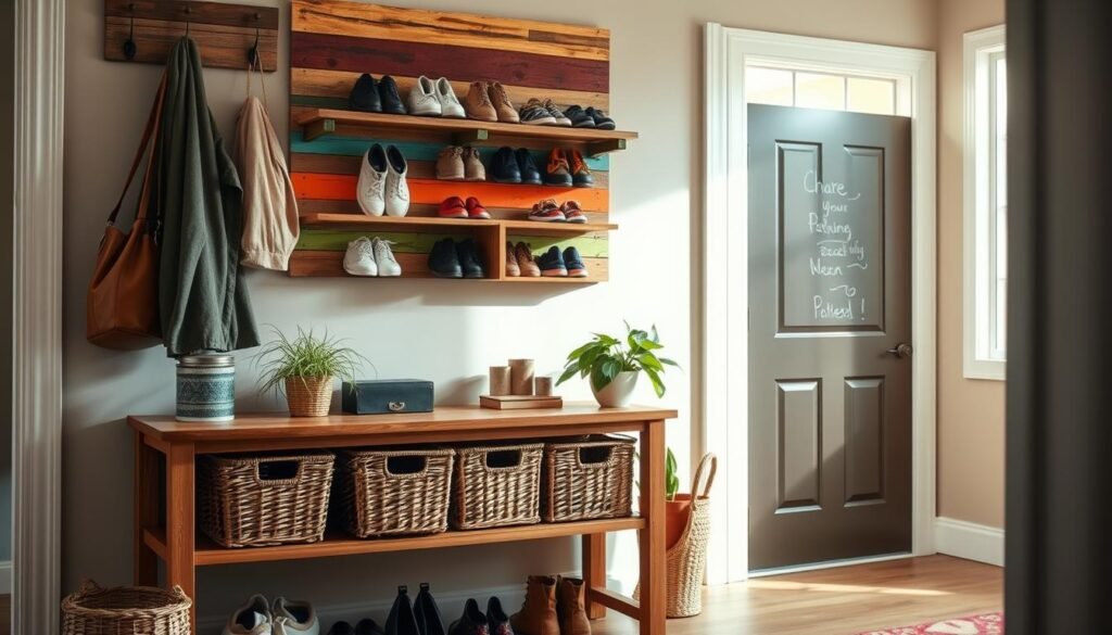 A beautifully organized entryway showcasing smart DIY storage solutions. In the foreground, a wooden console table with neatly arranged baskets and hooks for coats and bags, styled with decorative plants. The middle layer features a shoe rack made of reclaimed wood, displaying various pairs of shoes, while a vibrant, colorful wall with a chalkboard for notes and reminders adds a touch of personality. In the background, soft natural light streams through a nearby window, illuminating the space with a warm glow. The atmosphere is inviting and clutter-free, evoking a sense of calm and efficiency, ideal for eliminating entryway chaos. Capture this scene from a slightly elevated angle to emphasize the vertical organization and layers, with a shallow depth of field for a focused look on the storage solutions. A beautifully organized entryway showcasing smart DIY storage solutions. In the foreground, a wooden console table with neatly arranged baskets and hooks for coats and bags, styled with decorative plants. The middle layer features a shoe rack made of reclaimed wood, displaying various pairs of shoes, while a vibrant, colorful wall with a chalkboard for notes and reminders adds a touch of personality. In the background, soft natural light streams through a nearby window, illuminating the space with a warm glow. The atmosphere is inviting and clutter-free, evoking a sense of calm and efficiency, ideal for eliminating entryway chaos. Capture this scene from a slightly elevated angle to emphasize the vertical organization and layers, with a shallow depth of field for a focused look on the storage solutions.