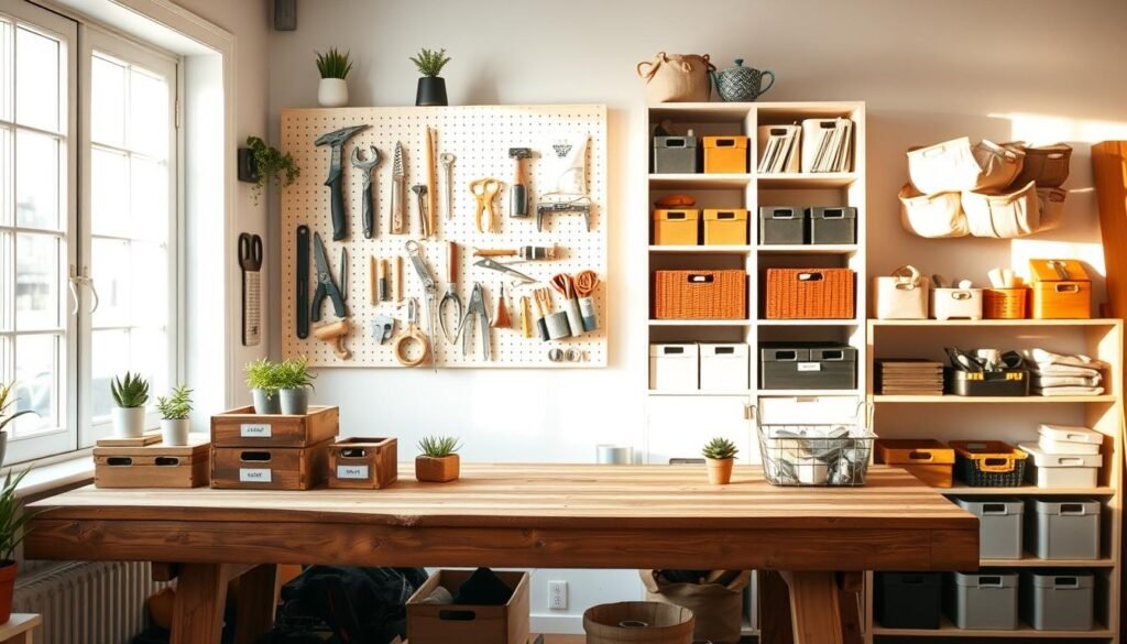 A beautifully organized home workspace showcasing innovative DIY storage solutions. In the foreground, a sturdy wooden workbench displays neatly stacked storage boxes with labels, crafted from reclaimed wood. A pegboard on the wall holds various tools and supplies in an orderly fashion, with small potted plants enhancing the lively atmosphere. In the middle ground, an open shelving unit is filled with colorful baskets and neatly arranged items, allowing for easy access and aesthetic appeal. The background features a sunlit window that casts soft, warm light across the room, highlighting the natural textures of wood and fabric. The overall mood is inspiring and practical, exuding a sense of calmness and efficiency in a well-curated space.