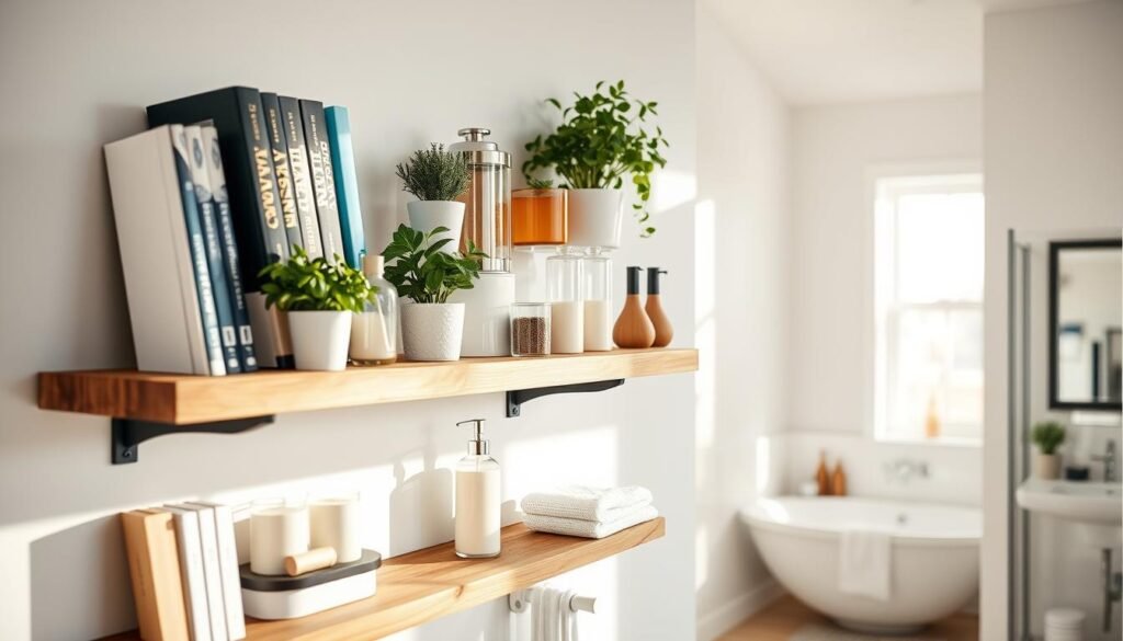 A beautifully organized kitchen and bathroom featuring DIY floating shelves, showcasing an array of neatly arranged items. In the foreground, a close-up of wooden floating shelves adorned with cookbooks, potted herbs, and aesthetically pleasing bathroom essentials like scented candles and neatly rolled towels. The middle layer presents a bright, airy kitchen with a sunlit window casting soft light on the shelves, emphasizing their natural wood grain and craftsmanship. In the background, a modern bathroom space is visible, highlighting elegant décor elements. The overall atmosphere is inviting and organized, with a focus on creating functional beauty in home spaces. Use soft sunlight to create a warm ambiance, shot from a slightly angled perspective to accentuate depth and dimension. A beautifully organized kitchen and bathroom featuring DIY floating shelves, showcasing an array of neatly arranged items. In the foreground, a close-up of wooden floating shelves adorned with cookbooks, potted herbs, and aesthetically pleasing bathroom essentials like scented candles and neatly rolled towels. The middle layer presents a bright, airy kitchen with a sunlit window casting soft light on the shelves, emphasizing their natural wood grain and craftsmanship. In the background, a modern bathroom space is visible, highlighting elegant décor elements. The overall atmosphere is inviting and organized, with a focus on creating functional beauty in home spaces. Use soft sunlight to create a warm ambiance, shot from a slightly angled perspective to accentuate depth and dimension.