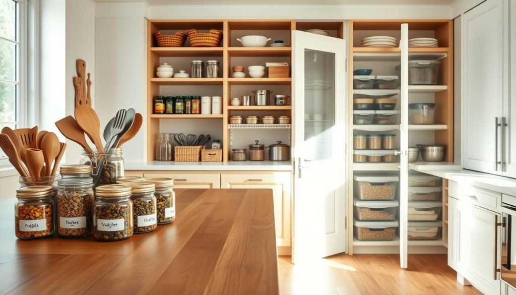 A beautifully organized kitchen featuring a variety of clever storage solutions. In the foreground, a wooden kitchen island showcases neatly stacked jars with labels, and a selection of kitchen utensils in stylish containers. The middle section displays open shelves filled with vibrant spices, neatly arranged cookware, and decorative baskets. In the background, a sunlit pantry door partially opens to reveal a well-organized space with clear bins holding dry goods and labeled containers. The room is filled with soft, natural light streaming through a large window, illuminating the warm wood tones and white cabinetry. The mood is fresh, inviting, and inspiring, promoting a sense of harmony and efficiency in home cooking. The composition is shot at eye level, creating a relatable and immersive atmosphere.