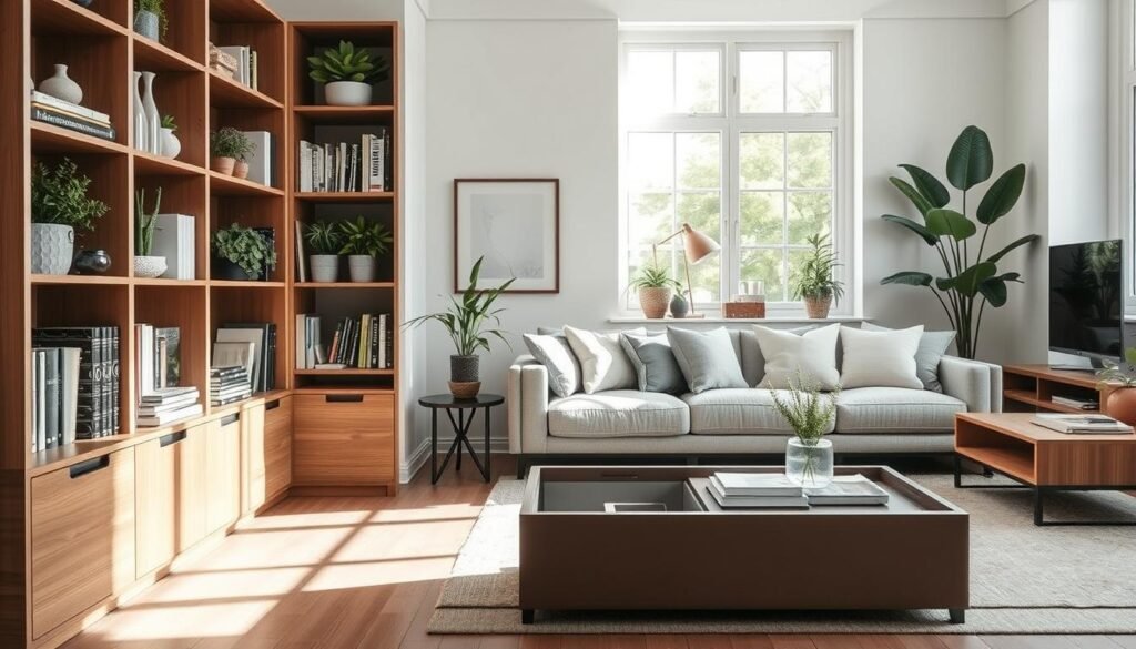 A beautifully organized living room featuring smart storage solutions designed to reduce visual clutter. In the foreground, showcase modern storage furniture like a stylish wooden shelving unit filled with neatly arranged books and decorative plants. The middle ground should have a cozy seating area with a comfortable sofa adorned with cushions, complemented by a sleek coffee table that has additional hidden storage. The background should include a bright window allowing soft, natural sunlight to illuminate the space, creating an airy atmosphere. Use a wide-angle lens to capture the entire room in a bright, inviting setting, emphasizing cleanliness and tranquility. The overall mood should evoke comfort and serenity, highlighting innovative yet practical home organization ideas. A beautifully organized living room featuring smart storage solutions designed to reduce visual clutter. In the foreground, showcase modern storage furniture like a stylish wooden shelving unit filled with neatly arranged books and decorative plants. The middle ground should have a cozy seating area with a comfortable sofa adorned with cushions, complemented by a sleek coffee table that has additional hidden storage. The background should include a bright window allowing soft, natural sunlight to illuminate the space, creating an airy atmosphere. Use a wide-angle lens to capture the entire room in a bright, inviting setting, emphasizing cleanliness and tranquility. The overall mood should evoke comfort and serenity, highlighting innovative yet practical home organization ideas.