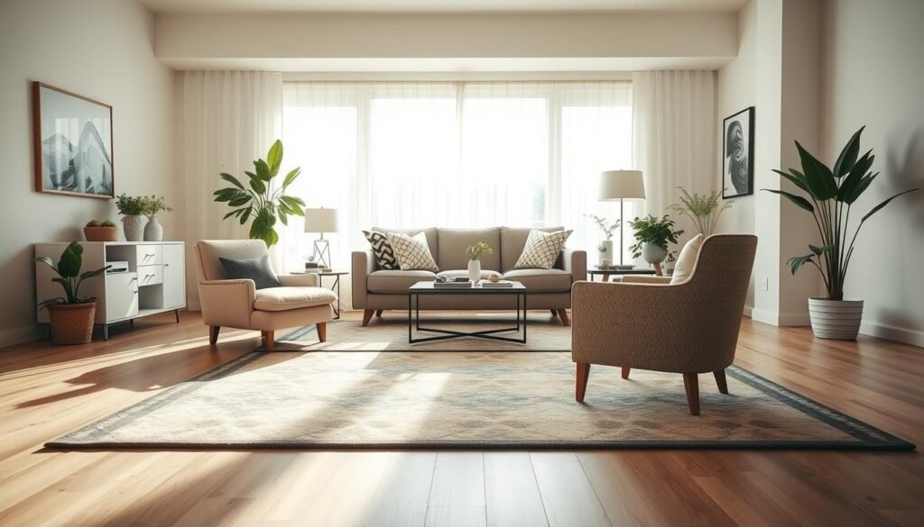 A beautifully organized living room showcasing the "walking path principle." In the foreground, there is a cozy area rug with tasteful decor, allowing for smooth foot traffic without obstruction. The middle features a balanced arrangement of comfortable furniture, such as a stylish sofa facing a modern coffee table, and a neatly positioned armchair; all arranged to encourage free movement. The background reveals a large window letting in bright, soft sunlight, creating an airy atmosphere. Potted plants add freshness, enhancing the inviting space. The overall mood is peaceful and harmonious, emphasizing functionality and balance in the layout. The scene is captured with a wide-angle lens to highlight the spaciousness, with bright, natural lighting enhancing the warmth of the décor. A beautifully organized living room showcasing the "walking path principle." In the foreground, there is a cozy area rug with tasteful decor, allowing for smooth foot traffic without obstruction. The middle features a balanced arrangement of comfortable furniture, such as a stylish sofa facing a modern coffee table, and a neatly positioned armchair; all arranged to encourage free movement. The background reveals a large window letting in bright, soft sunlight, creating an airy atmosphere. Potted plants add freshness, enhancing the inviting space. The overall mood is peaceful and harmonious, emphasizing functionality and balance in the layout. The scene is captured with a wide-angle lens to highlight the spaciousness, with bright, natural lighting enhancing the warmth of the décor.