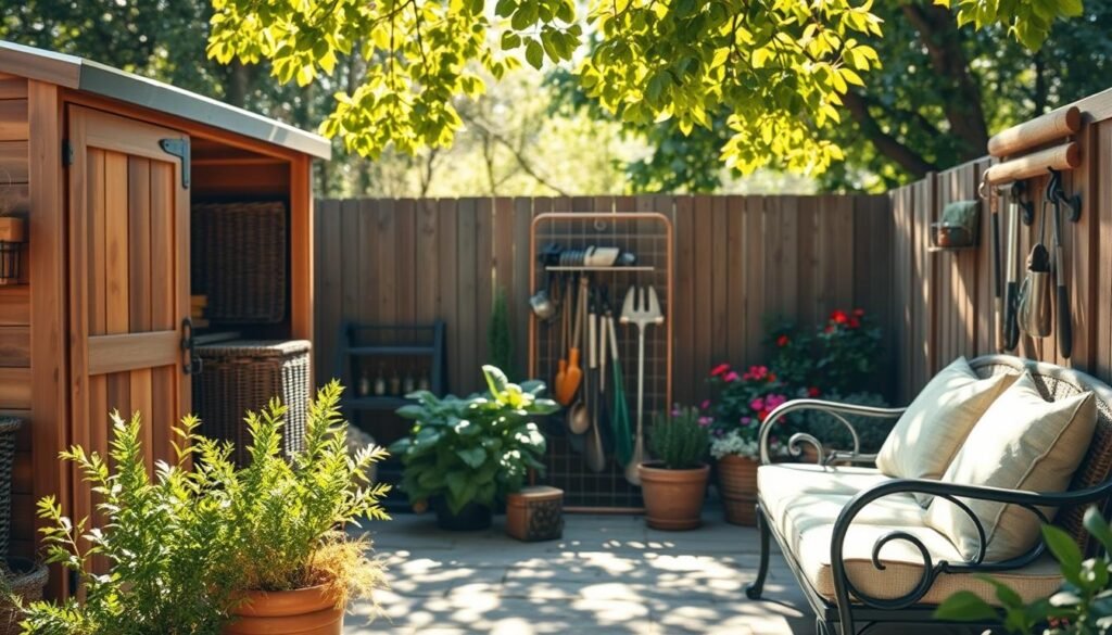 A beautifully organized outdoor storage space in a backyard, showcasing functional solutions like a sturdy wooden shed, stylish wicker storage bins, and a metal garden tool organizer. In the foreground, a well-maintained patio area features potted plants and a cozy bench with cushions. The middle ground includes a neatly arranged collection of garden tools, while the background presents a bright, sunlit garden with vibrant flowers and greenery. The atmosphere is serene and inviting, illuminated by soft, natural sunlight filtering through leafy branches. The scene is captured with a wide-angle lens to emphasize depth and spaciousness, creating a warm, comfortable vibe perfect for outdoor living and organization.