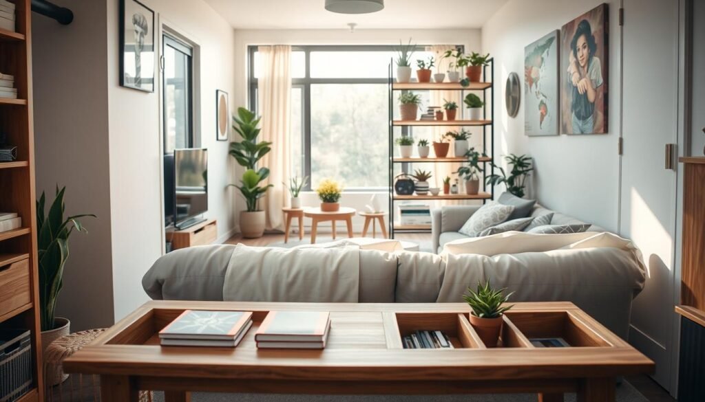A beautifully organized small space showcasing DIY furniture that exemplifies functionality and style. In the foreground, a cozy, handcrafted wooden table with storage compartments for books and plants, accompanied by two stylish, space-saving stools. The middle layer presents a compact shelving unit filled with colorful plants and neatly arranged decor items, providing both storage and aesthetic appeal. In the background, a softly lit living area with large windows invites natural light, illuminating the entire space. The warm, airy atmosphere is enhanced by soft sunlight streaming in, creating a welcoming vibe. The angle is slightly elevated, capturing the essence of smart design in a small living environment.