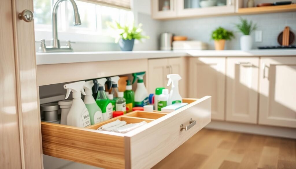 A beautifully organized under-sink pull-out storage system, showcasing neatly arranged cleaning supplies, tools, and kitchen essentials. In the foreground, a smooth, wooden pull-out drawer glides open, revealing compartments filled with various spray bottles, neatly labeled containers, and microfiber cloths. The middle ground features a light-toned cabinetry with polished hardware, reflecting bright natural light that streams in from a nearby window. In the background, a soft-focus view of a well-organized kitchen, with green plants subtly placed for a fresh touch. The overall atmosphere is clean, airy, and inviting, with soft sunlight illuminating the space, creating a sense of functionality and ease. A beautifully organized under-sink pull-out storage system, showcasing neatly arranged cleaning supplies, tools, and kitchen essentials. In the foreground, a smooth, wooden pull-out drawer glides open, revealing compartments filled with various spray bottles, neatly labeled containers, and microfiber cloths. The middle ground features a light-toned cabinetry with polished hardware, reflecting bright natural light that streams in from a nearby window. In the background, a soft-focus view of a well-organized kitchen, with green plants subtly placed for a fresh touch. The overall atmosphere is clean, airy, and inviting, with soft sunlight illuminating the space, creating a sense of functionality and ease.