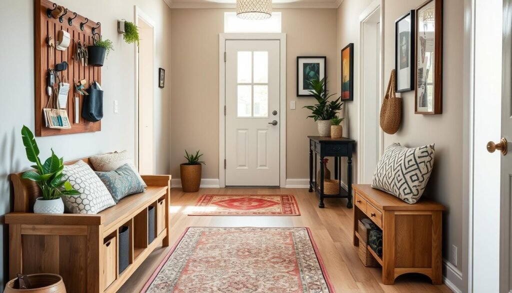 A beautifully redesigned entryway featuring a stylish mix of functionality and aesthetics. In the foreground, a handcrafted wooden bench with storage cubbies sits invitingly, adorned with decorative cushions. To its side, a vertical wall organizer holds keys, mail, and small potted plants, adding greenery. The middle area showcases a welcoming patterned rug on a light-colored wooden floor, creating warmth and texture. A slender mirror reflects soft sunlight filtering through a window, enhancing the airy atmosphere. In the background, neutral-toned walls are accented with framed art, and a small console table displays decorative items. The scene is bright with natural light, evoking a sense of openness and organization, perfect for a small space entryway makeover. A beautifully redesigned entryway featuring a stylish mix of functionality and aesthetics. In the foreground, a handcrafted wooden bench with storage cubbies sits invitingly, adorned with decorative cushions. To its side, a vertical wall organizer holds keys, mail, and small potted plants, adding greenery. The middle area showcases a welcoming patterned rug on a light-colored wooden floor, creating warmth and texture. A slender mirror reflects soft sunlight filtering through a window, enhancing the airy atmosphere. In the background, neutral-toned walls are accented with framed art, and a small console table displays decorative items. The scene is bright with natural light, evoking a sense of openness and organization, perfect for a small space entryway makeover.