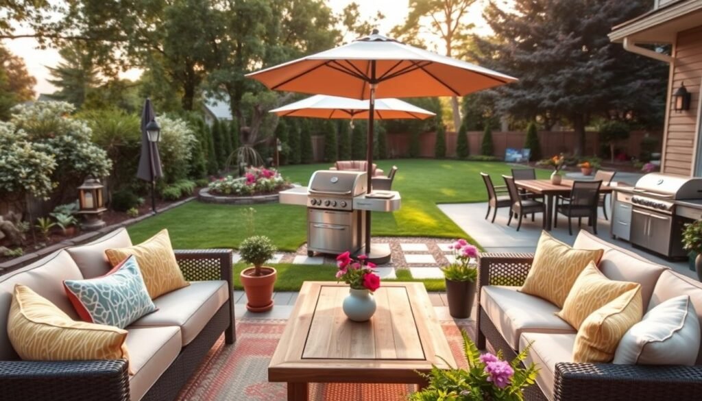A beautifully renovated backyard space, showcasing a comfortable outdoor living area. In the foreground, a cozy seating arrangement featuring stylish, weather-resistant furniture with colorful cushions. A rustic wooden coffee table sits in the middle, surrounded by potted plants and fresh flowers. In the middle ground, a modern grill station and an inviting dining set under a large umbrella, ideal for gatherings. The background reveals a well-maintained lawn, accentuated by a small decorative garden with vibrant blooms. Soft, natural lighting filters through the trees, casting a warm glow across the scene. The atmosphere is inviting and tranquil, ideal for relaxation and entertainment, captured from a slightly elevated angle to encompass the complete transformation of the space.