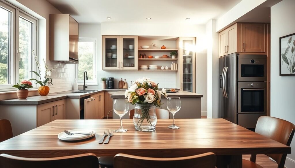 A beautifully renovated kitchen showcasing modern improvements. In the foreground, a stylish wooden dining table set with elegant utensils and a fresh vase of flowers. The middle ground features sleek cabinets, a contemporary sink, and stainless steel appliances, all bathed in soft, natural sunlight streaming through large windows. The background displays a cozy, well-organized pantry and tasteful wall art that enhances the warm atmosphere. The scene is well-composed, utilizing a slightly elevated angle for a comprehensive view. The mood is inviting and serene, reflecting a space where family and friends gather. The lighting is bright and airy, creating a sense of comfort and cheerfulness, perfect for illustrating kitchen and dining area enhancements.