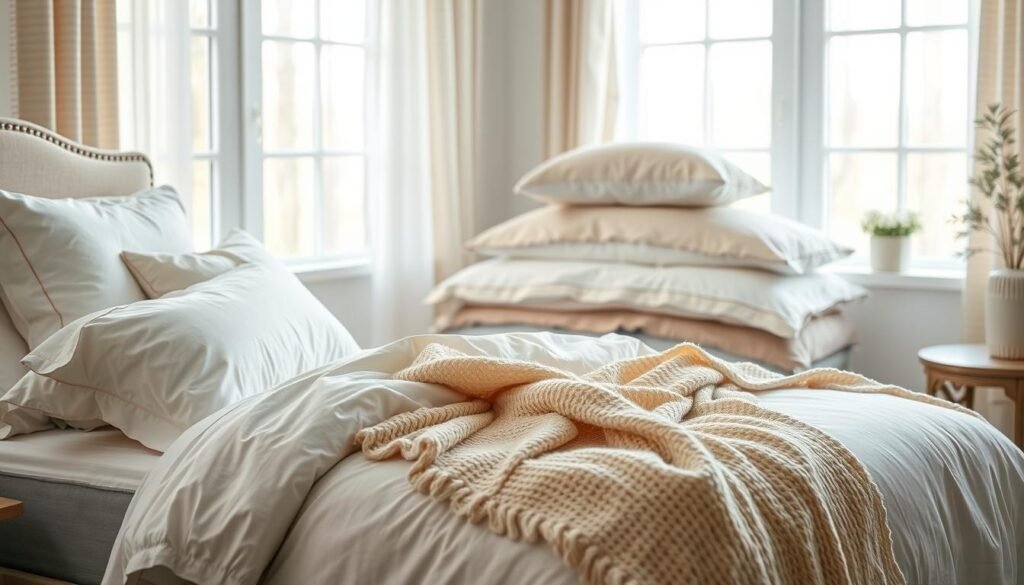 A beautifully styled bedroom featuring layered bedding that exudes comfort and warmth. In the foreground, a neatly made bed with an assortment of plush pillows in varying sizes and textures, including fluffy white down pillows, a soft, knitted throw draped artistically across the foot of the bed. The middle ground showcases a series of elegant duvet covers in soothing pastel colors, layered to create depth and visual interest, complemented by a cozy bed skirt. In the background, softly diffused natural light streams through large windows, illuminating airy sheer curtains, adding to the inviting atmosphere. A subtle vignette effect enhances the scene, inviting viewers to imagine themselves in this tranquil space, designed for ultimate relaxation.