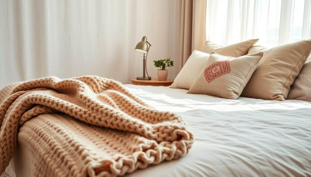 A beautifully styled bedroom featuring layered textures that create warmth and dimension without visual heaviness. In the foreground, a plush, knitted throw blanket drapes over a soft, light-colored bedspread with subtle patterns. A set of decorative pillows in various fabrics—linen, velvet, and cotton—add depth to the bed. In the middle, a rustic wooden bedside table showcases a cozy reading lamp and a small potted plant, providing a touch of greenery. The background features a well-lit window with sheer curtains that allow soft, natural light to filter in, casting gentle shadows. The overall mood is inviting and serene, perfect for relaxation, with a color palette of warm neutrals and soft pastels. The scene captures the essence of stylish yet comfortable bedroom décor. A beautifully styled bedroom featuring layered textures that create warmth and dimension without visual heaviness. In the foreground, a plush, knitted throw blanket drapes over a soft, light-colored bedspread with subtle patterns. A set of decorative pillows in various fabrics—linen, velvet, and cotton—add depth to the bed. In the middle, a rustic wooden bedside table showcases a cozy reading lamp and a small potted plant, providing a touch of greenery. The background features a well-lit window with sheer curtains that allow soft, natural light to filter in, casting gentle shadows. The overall mood is inviting and serene, perfect for relaxation, with a color palette of warm neutrals and soft pastels. The scene captures the essence of stylish yet comfortable bedroom décor.