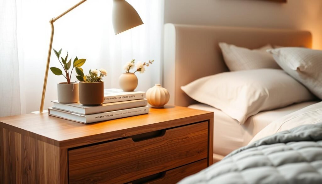 A beautifully styled bedroom nightstand, showcasing a harmonious blend of decor elements and practicality. In the foreground, a sleek wooden nightstand with a warm finish, adorned with a stylish lamp emitting soft, warm light. On the surface, neatly arranged items include a small potted plant, a stack of curated books, and a delicate ceramic vase filled with fresh flowers. In the middle ground, a well-made bed with cozy bedding and textured throw pillows invites relaxation. The background features softly blurred elements of the bedroom, such as a light-colored wall and an airy window allowing bright natural light to flood the space. The scene conveys a serene and intentional atmosphere, ideal for a thoughtful bedroom styling. The image captures a bright and airy feeling, emphasizing clarity and elegance. A beautifully styled bedroom nightstand, showcasing a harmonious blend of decor elements and practicality. In the foreground, a sleek wooden nightstand with a warm finish, adorned with a stylish lamp emitting soft, warm light. On the surface, neatly arranged items include a small potted plant, a stack of curated books, and a delicate ceramic vase filled with fresh flowers. In the middle ground, a well-made bed with cozy bedding and textured throw pillows invites relaxation. The background features softly blurred elements of the bedroom, such as a light-colored wall and an airy window allowing bright natural light to flood the space. The scene conveys a serene and intentional atmosphere, ideal for a thoughtful bedroom styling. The image captures a bright and airy feeling, emphasizing clarity and elegance.
