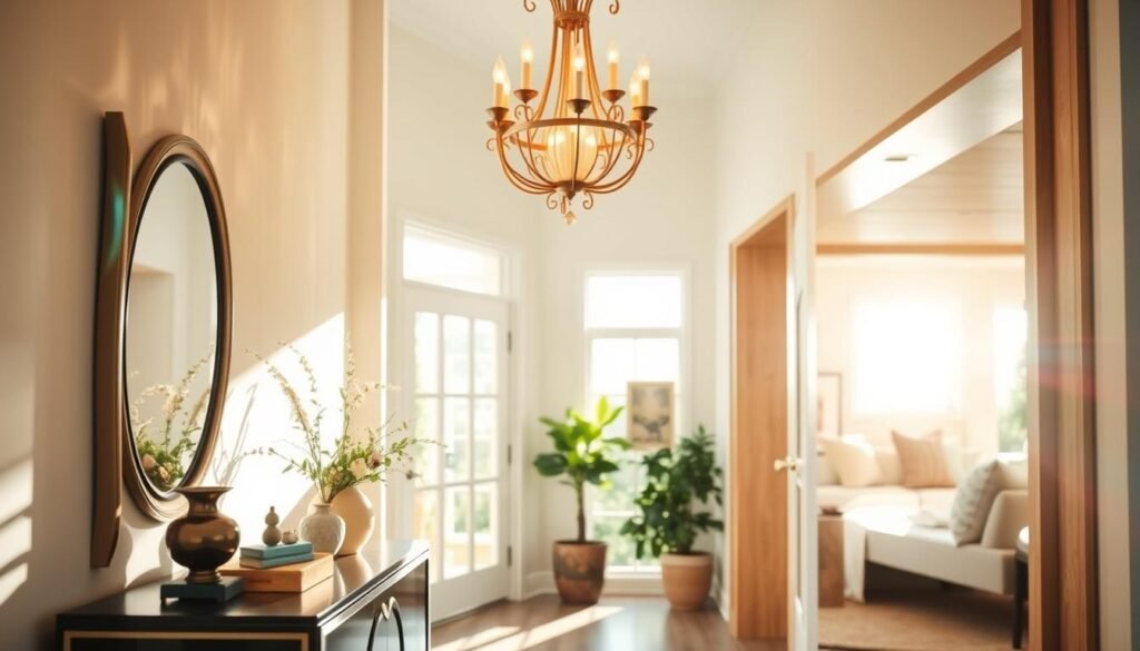 A beautifully styled entrance featuring statement lighting fixtures, such as an elegant chandelier with warm, golden tones suspended from a high ceiling, surrounded by natural wood accents. In the foreground, a stylish console table with fresh flowers and decorative accents reflects soft sunlight filtering through a nearby window. The middle ground showcases the statement lighting casting inviting shadows, enhancing the ambiance of the space. The background reveals a softly lit hallway adorned with tasteful wall decor and greenery, creating a warm and welcoming atmosphere. The scene is captured in bright, airy lighting with a slight lens flare to emphasize the natural light, inviting viewers into the serene and cozy setting.