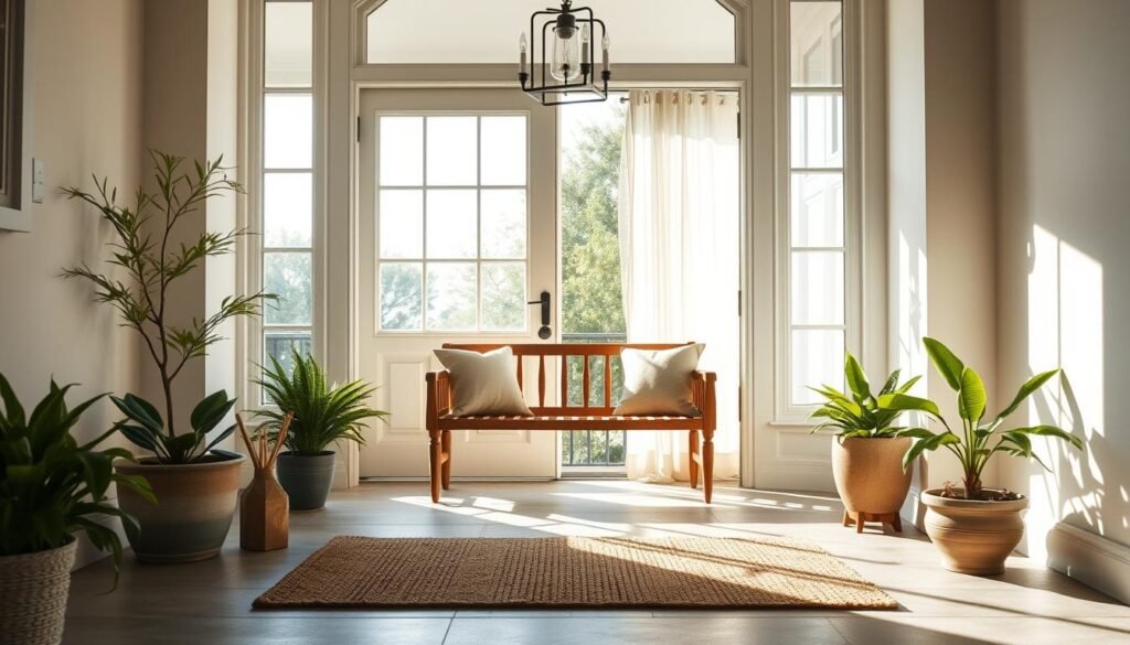 A beautifully styled entryway bathed in bright natural light, featuring a large, inviting front door, with an elegant glass panel allowing soft sunlight to filter through. In the foreground, a textured doormat welcomes visitors, while on either side, potted greenery brings life to the space. The middle ground showcases a wooden bench adorned with cozy cushions, subtly highlighting the natural textures of wood and fabric. In the background, gentle curtains sway in the breeze beside a stylish light fixture that casts soft shadows. The atmosphere is airy and uplifting, capturing the essence of a warm, welcoming entrance. The image should be taken at eye level to enhance connection and warmth, emphasizing a serene color palette of soft whites and greens, evoking a sense of tranquility and openness.
