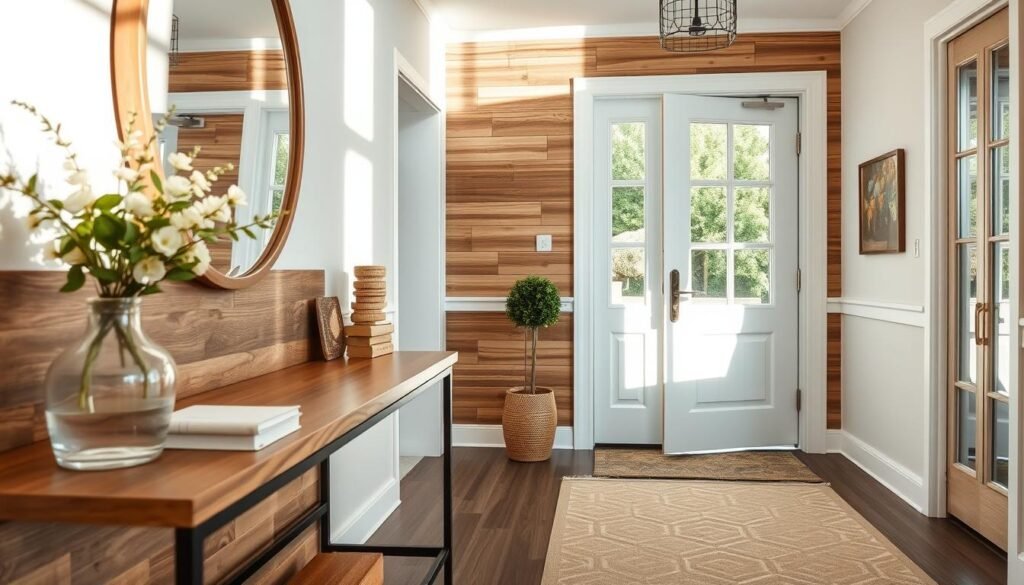 A beautifully styled entryway featuring a blend of modern and rustic aesthetics. In the foreground, an elegant console table adorned with minimalistic decor, such as a sleek vase filled with fresh flowers and a small stack of art books. The middle ground showcases a wood panel accent wall with a large round mirror that reflects soft, natural light. A stylish rug with geometric patterns adds warmth and comfort underfoot. In the background, a welcoming front door with glass panels invites sunlight in, enhancing the airy atmosphere. The use of bright natural light creates a serene mood, while the professional design maintains a cohesive and balanced appeal, perfect for inspiring home decor ideas. Capture the scene from a slight angle to emphasize depth and richness in textures.