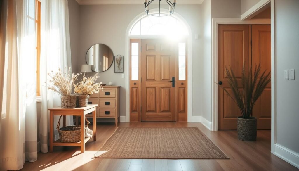 A beautifully styled entryway featuring natural textures and abundant sunlight. In the foreground, a welcoming wooden console table adorned with a woven basket and a vase of fresh wildflowers. Soft, airy curtains frame a large window, allowing warm sunlight to flow in, illuminating the space. The middle section showcases a stylish rug with earthy tones, contrasting with the light-colored hardwood flooring. Decorative elements like a modern mirror and wall art hang above the table, enhancing the visual appeal. In the background, a sturdy wooden door invites curiosity. The scene conveys a sense of tranquility and warmth, emphasizing the importance of first impressions in home styling. The lighting is soft and inviting, creating a cozy atmosphere that draws viewers in.