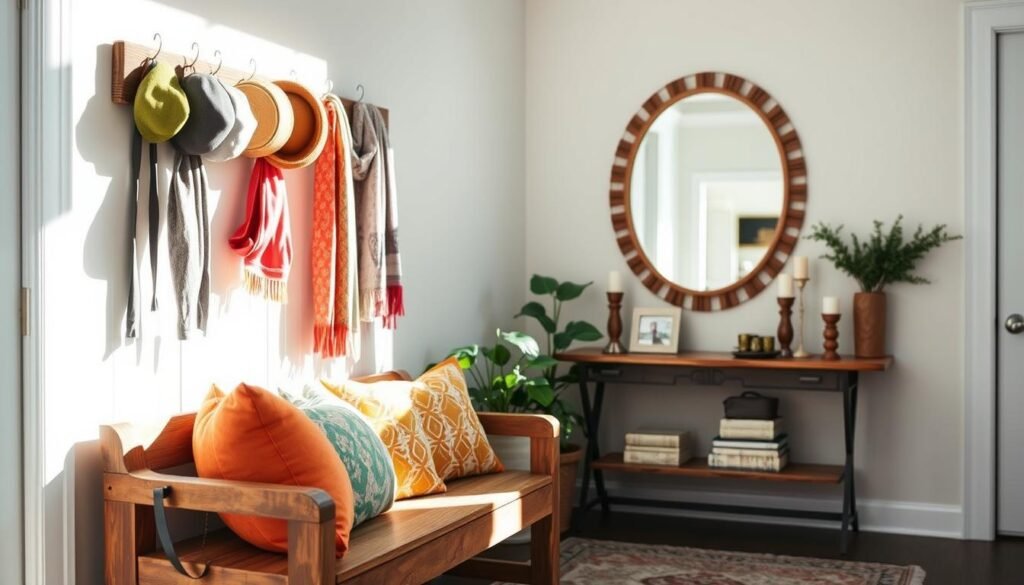 A beautifully styled entryway showcasing DIY decor ideas, featuring a rustic wooden bench adorned with colorful throw pillows. In the foreground, a chic hanging coat rack displays neatly arranged hats and scarves. The middle layer includes a potted indoor plant that brings a touch of greenery, along with a decorative mirror reflecting soft, natural light. In the background, a small console table holds a few curated items like candles and picture frames, enhancing the welcoming atmosphere. The scene is bathed in bright, airy sunlight, creating a warm and inviting mood. The angle is slightly elevated to capture the entire entryway, emphasizing the harmonious blend of decor elements.