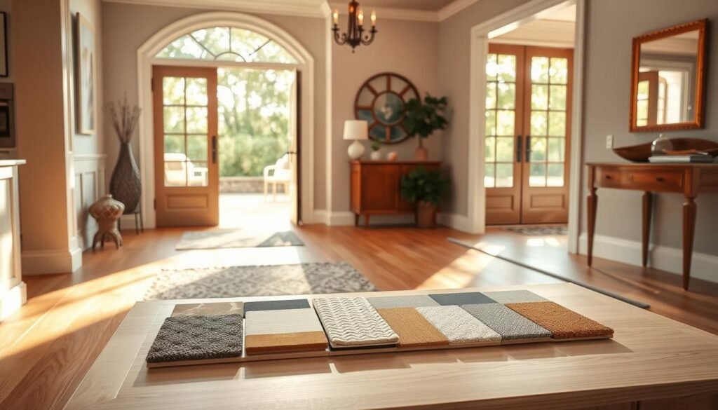 A beautifully styled entryway showcasing a variety of flooring choices, including polished hardwood, textured carpets, and elegant tiles. In the foreground, display a selection of small flooring samples arranged neatly on a light-colored wooden table, highlighting their unique textures and patterns. The middle ground features a wide view of the entryway with bright, soft sunlight illuminating the space, casting gentle shadows. In the background, a warm and inviting door opens to a lush garden, enhancing the natural light and airy feel. The atmosphere should be serene and welcoming, evoking a sense of comfort and style in a contemporary home. Capture this scene with a wide-angle lens to emphasize the spaciousness and lightness of the entryway.